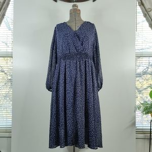 Bloomchic navy & white polka dot flowy long sleeve smocked waist midi dress